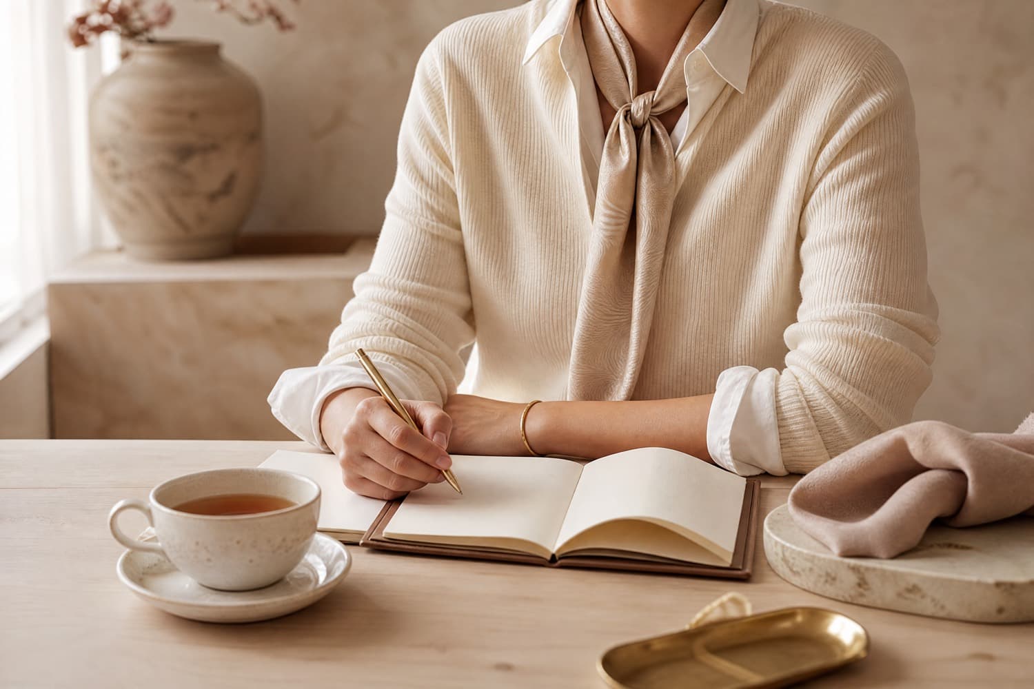 Seated at a pale wooden desk wearing a small silk-feel scarf knotted under an open collar