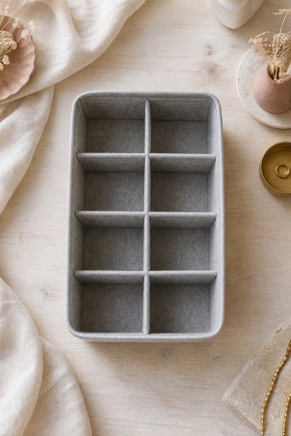 Felt bag organiser insert with eight compartments viewed from above