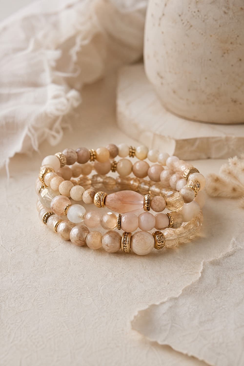 Five beaded stretch bracelets in warm neutral stone tones