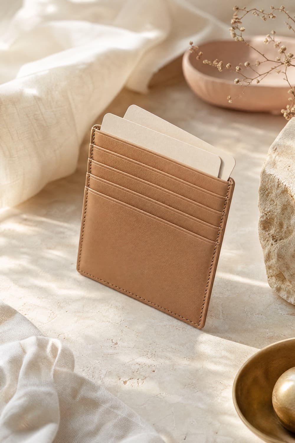 Slim tan card holder with cards fanned from the top slot