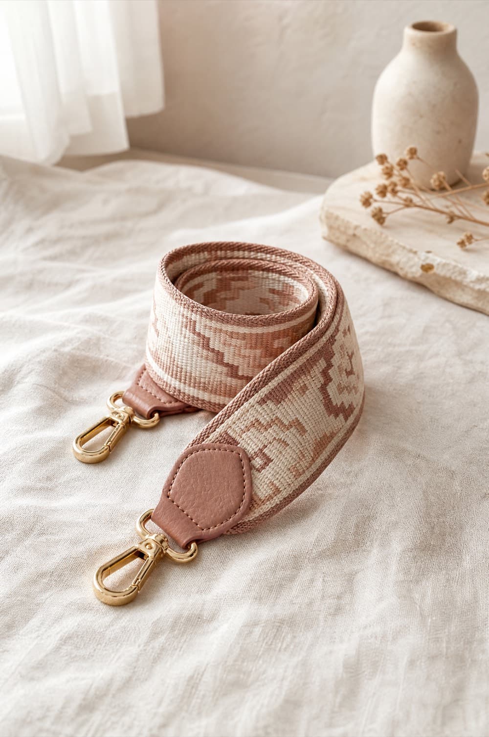 Wide woven bag strap with gold-tone swivel clips coiled on linen