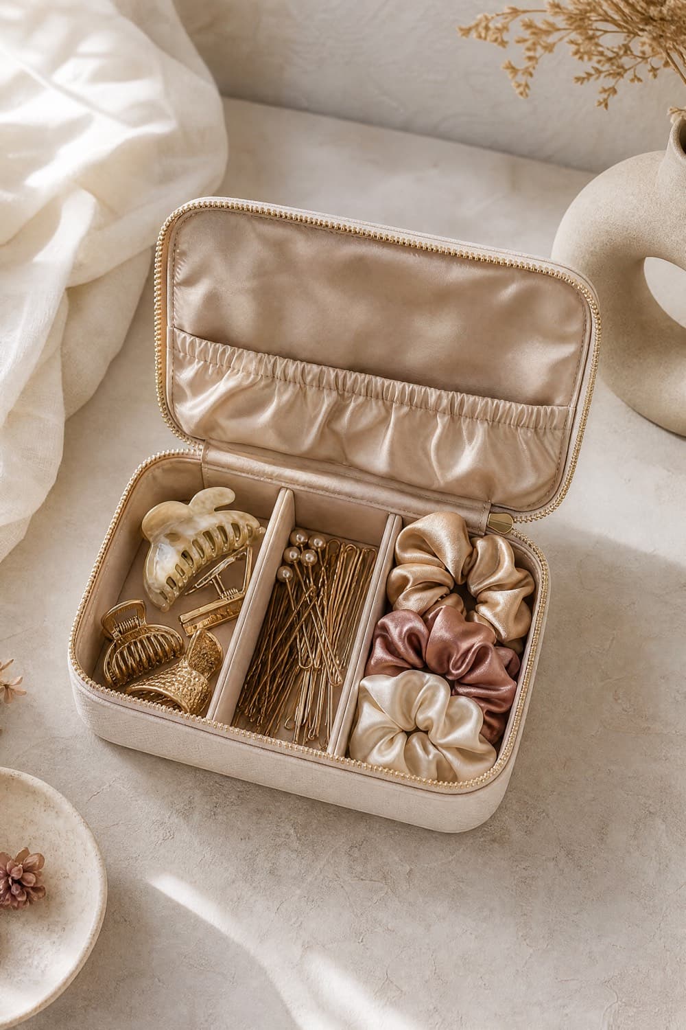 Open compartmented travel case holding hair clips and elastics