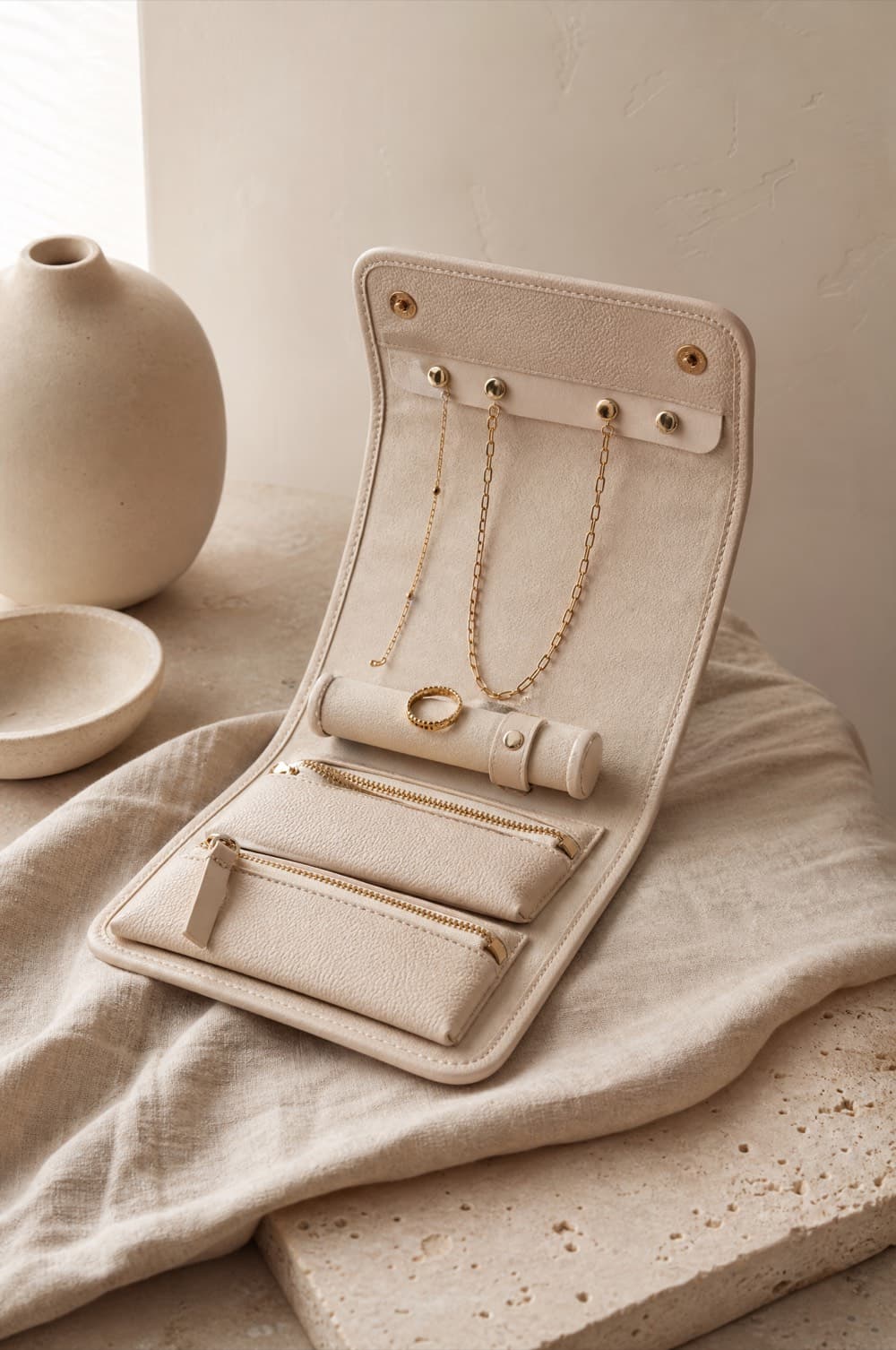 Open travel jewellery roll showing chain hooks and zip pockets