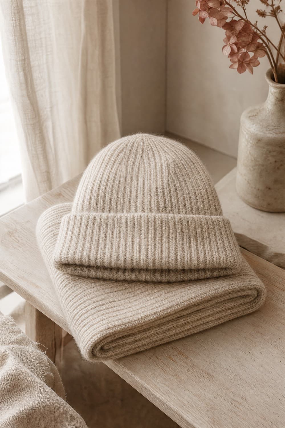 Ribbed knit beanie and matching scarf folded together in oatmeal