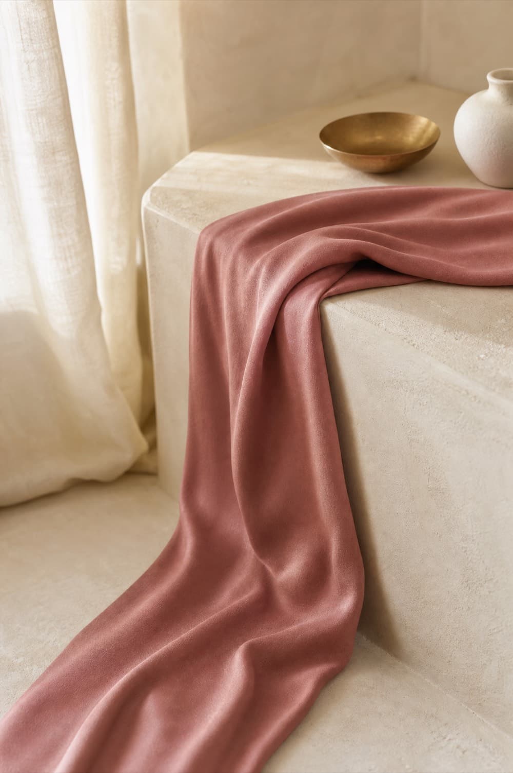 Long narrow scarf draped over a chair back with the ends hanging