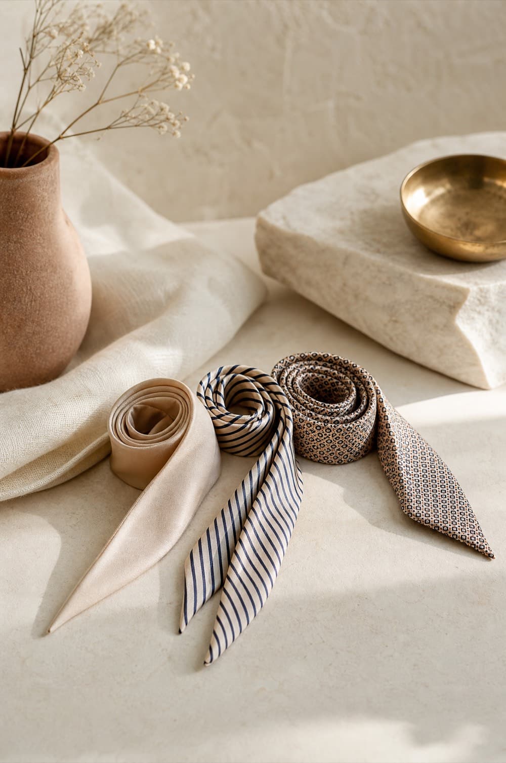 Three small neck scarves in plain, striped and geometric prints laid in a row