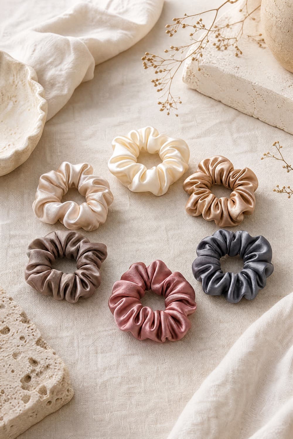 Six satin scrunchies in neutral tones arranged in a loose circle