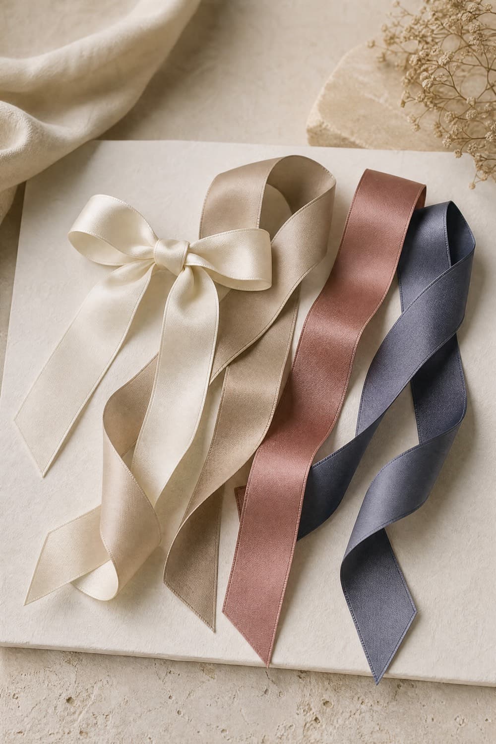 Four satin hair ribbons in soft colours curled on a pale background
