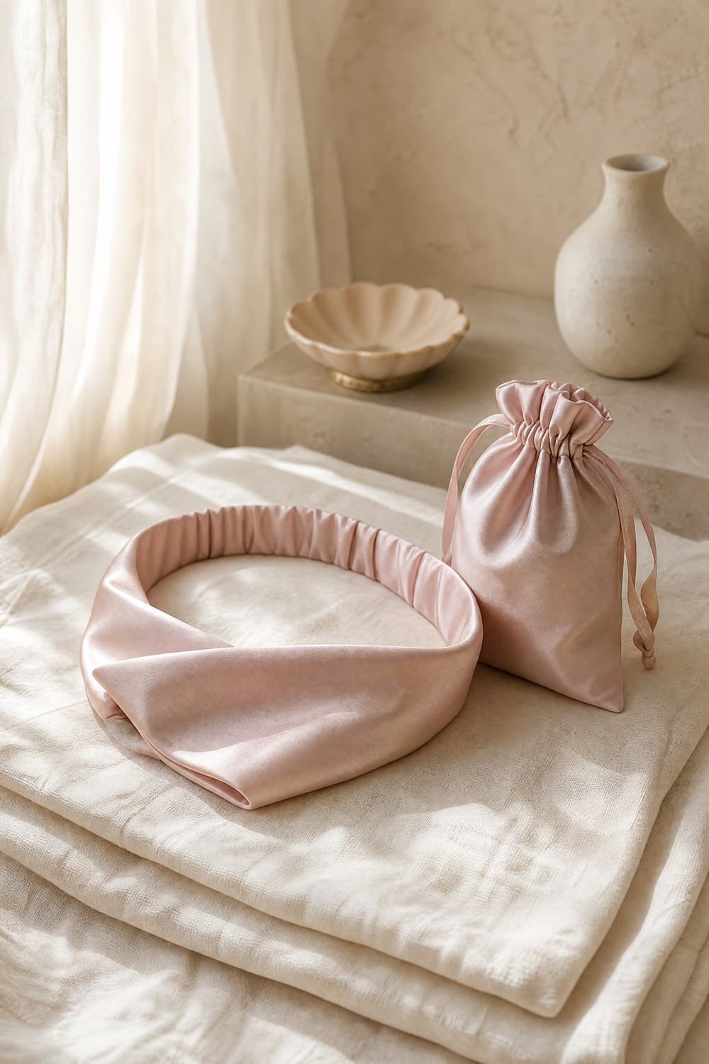 Satin sleep wrap in soft blush resting on folded bedding