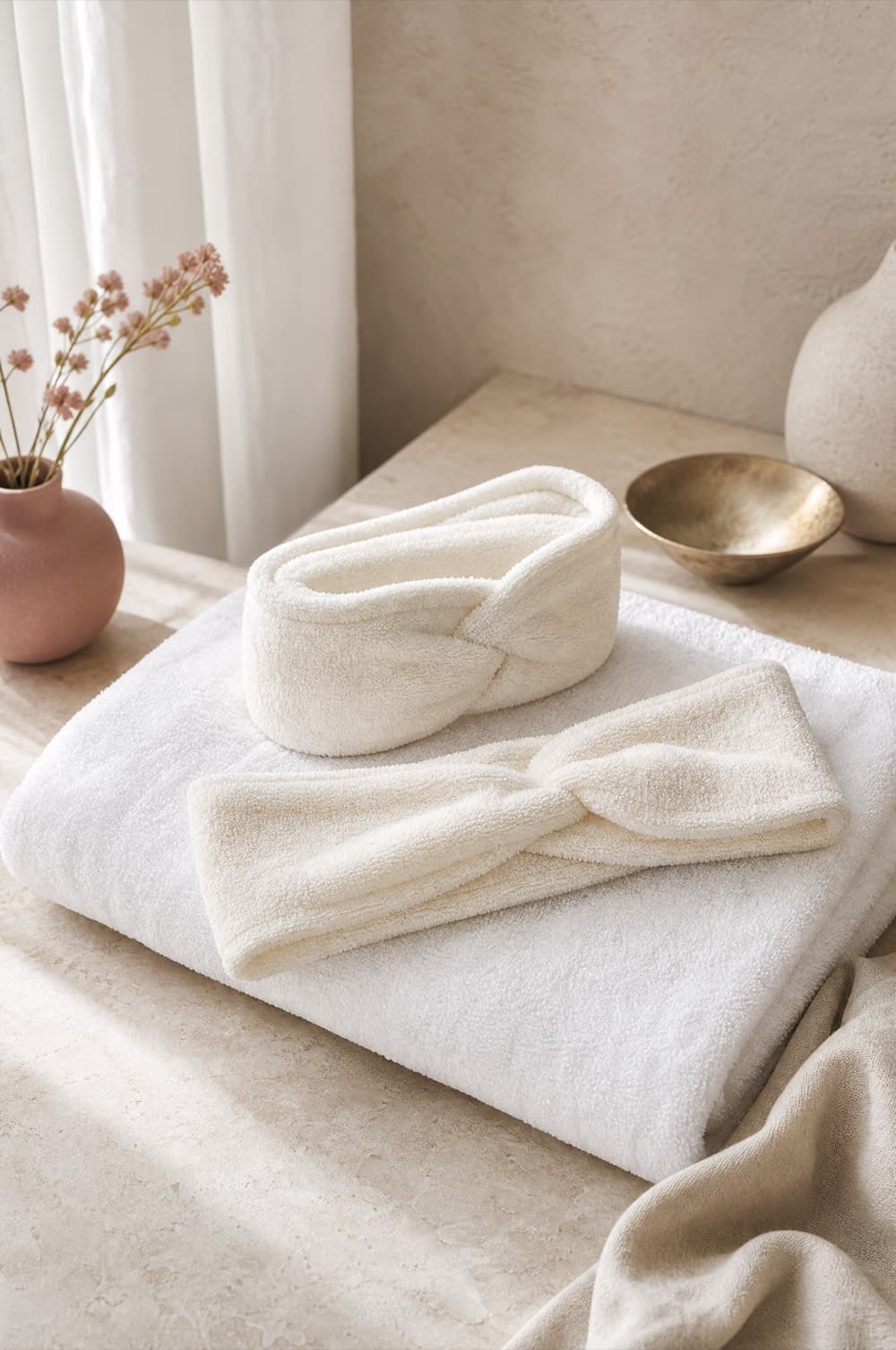 Two soft towelling headbands folded on a white towel
