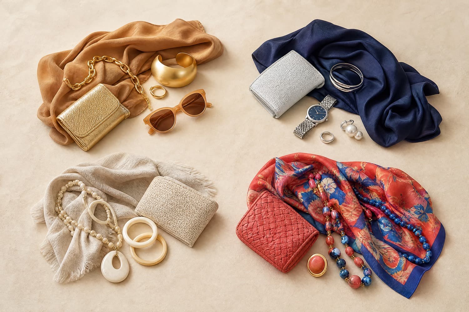 Four groups of accessories sorted by palette: warm gold, cool silver, soft neutral and bold colour