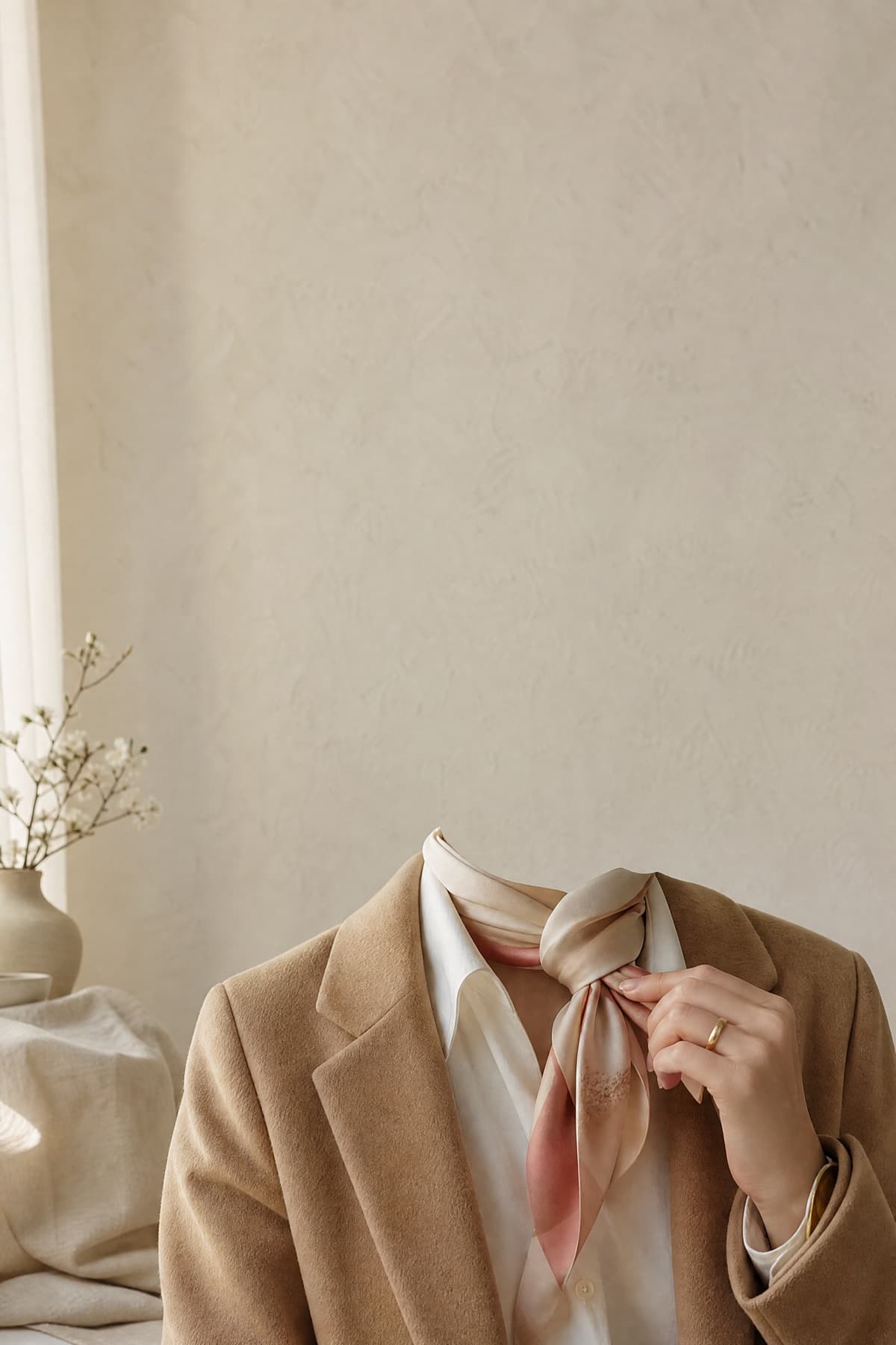 A hand adjusting a knotted silk-feel scarf at the collar of an ivory shirt under a camel coat