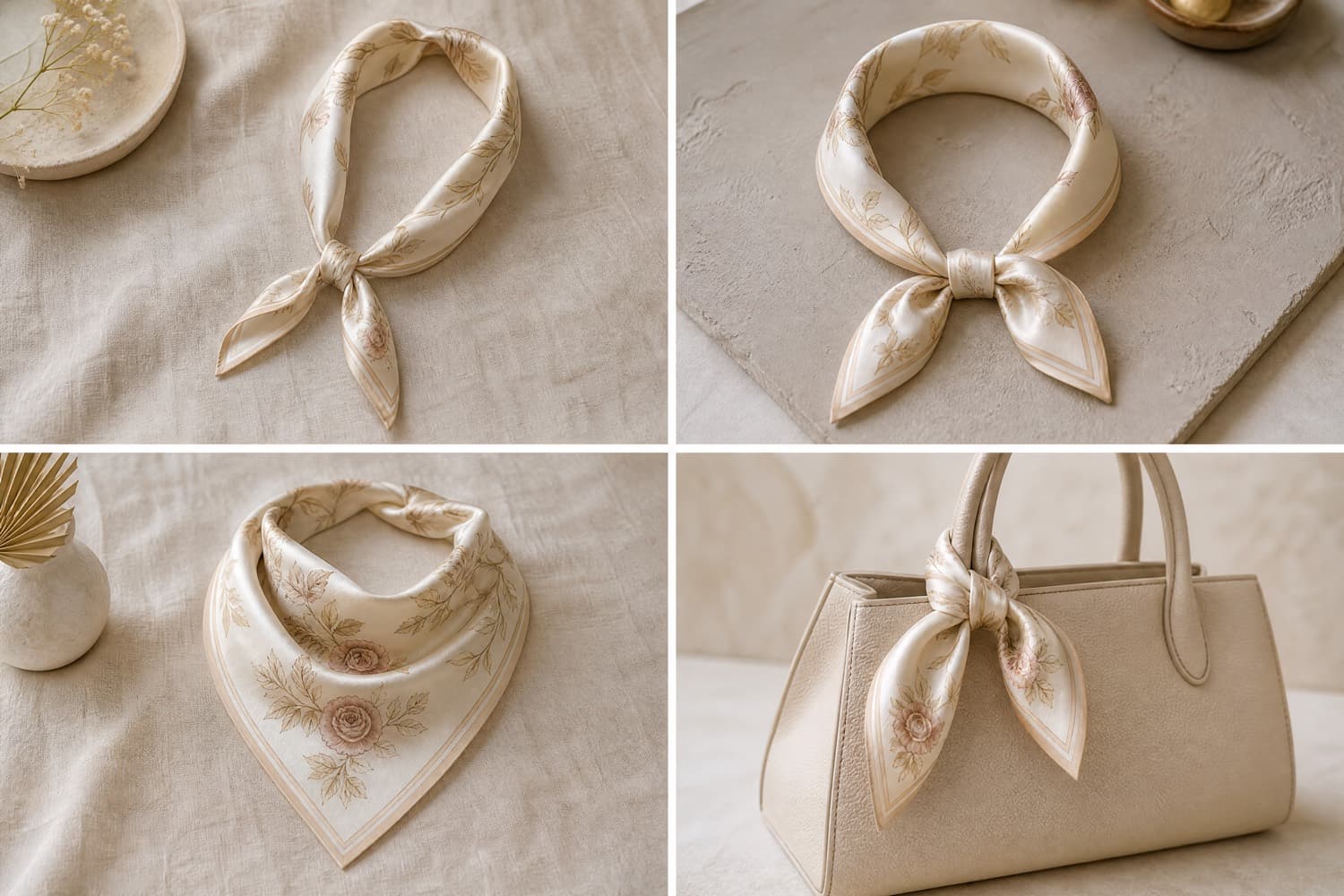 Four identical ivory scarves folded and knotted four different ways in a two-by-two grid