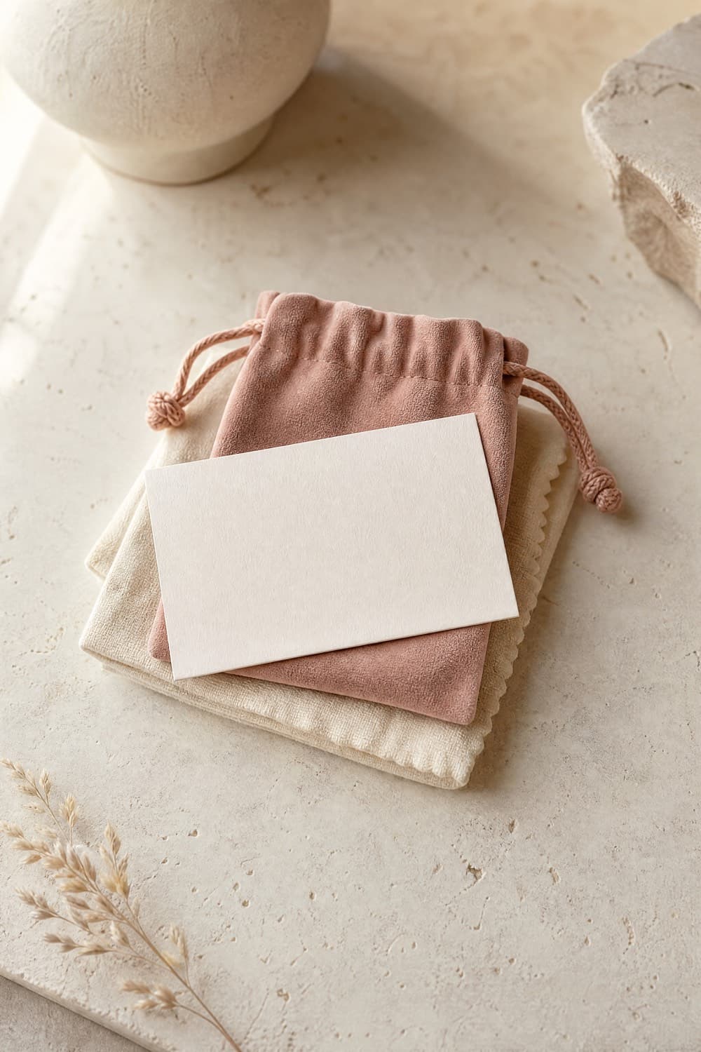 Polishing cloth, storage pouch and printed care card laid flat